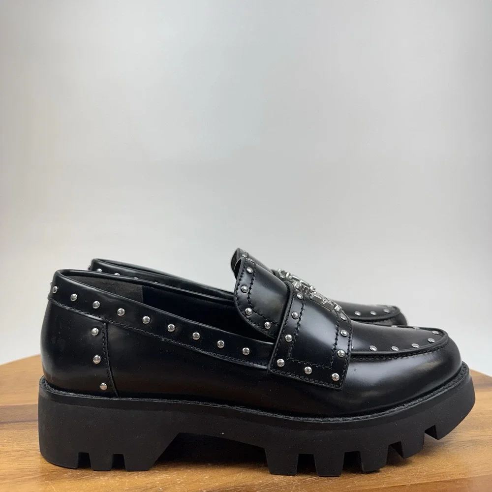 New NWOB Womens Tory Burch Mini Everly Black Leather Studded Chunky Loafers SZ 6